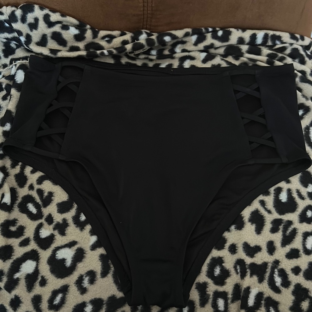 Large Black High-Waisted Criss-Cross Bikini Bottoms